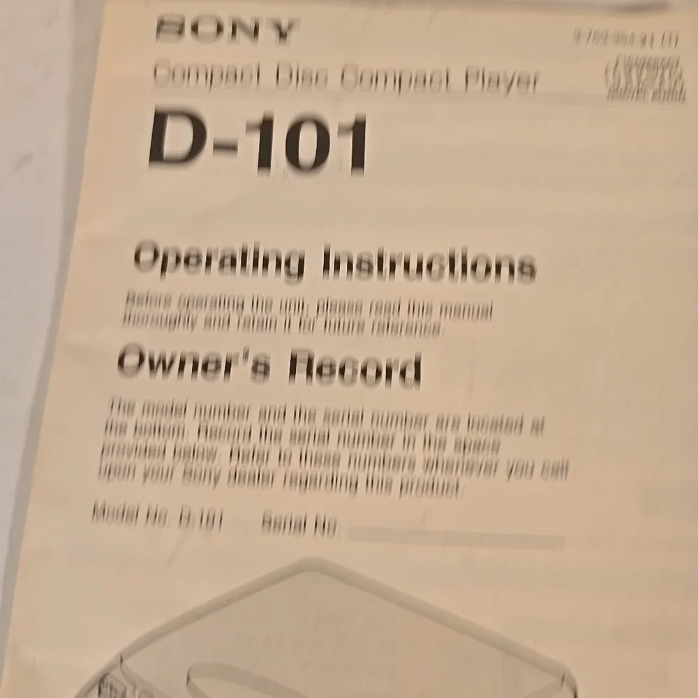 Operating Instructions only for Sony D-101 Discman Personal CD‎ Player